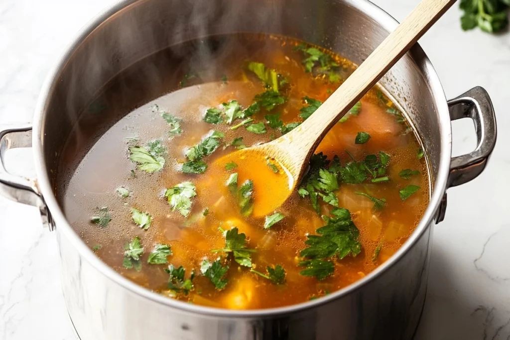 A steaming pot of lemongrass chicken soup being stirred on a white marble kitchen counter.