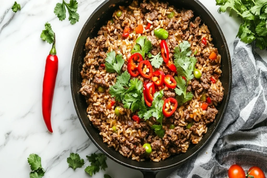 Spicy Mexican beef and rice skillet with red chili peppers