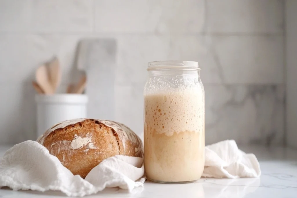 A jar of sourdough starter bubbling next to a freshly baked loaf on a marble counter.