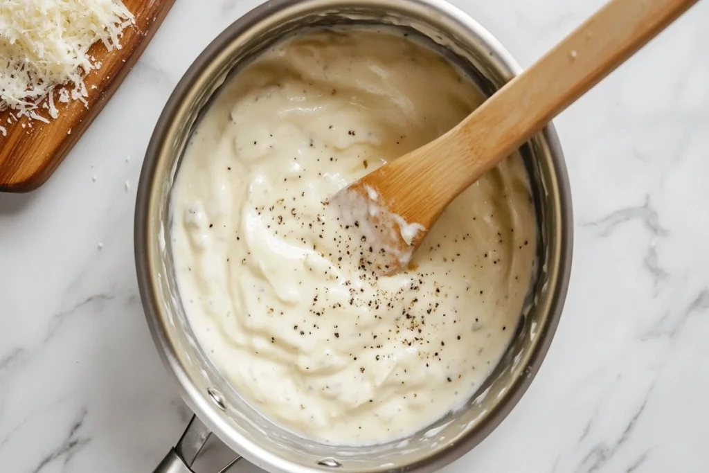 A saucepan filled with rich, creamy Alfredo sauce being stirred.