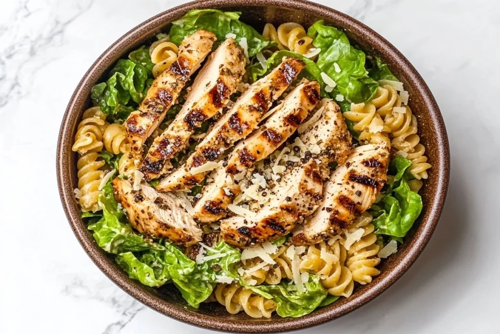 A Caesar pasta salad with grilled chicken and fresh parmesan.