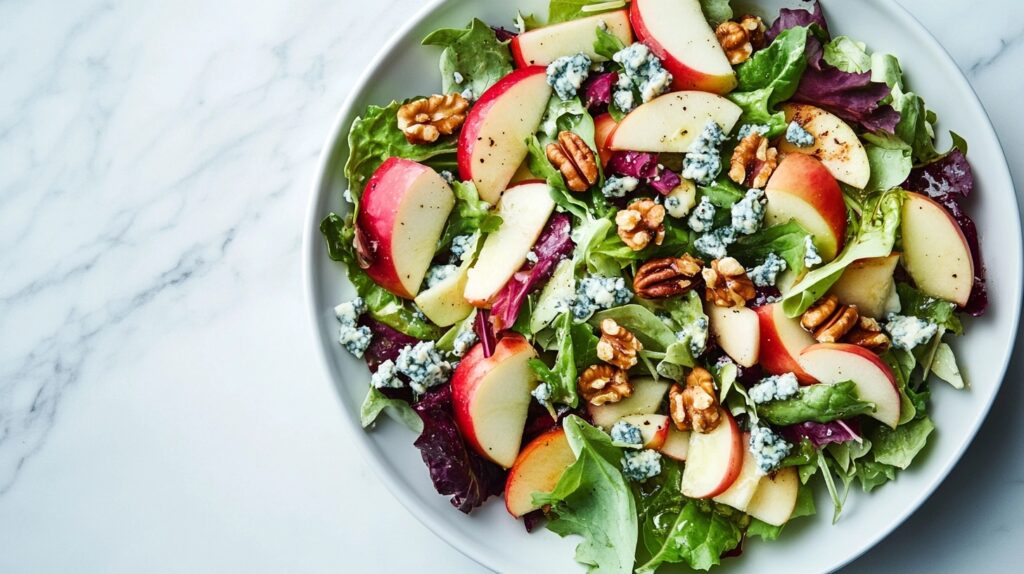 A fresh apple walnut salad with blue cheese on a white marble counter