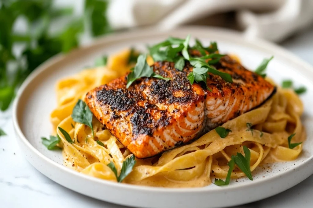 A plate of Spicy Cajun Salmon Alfredo with blackened salmon fillet.