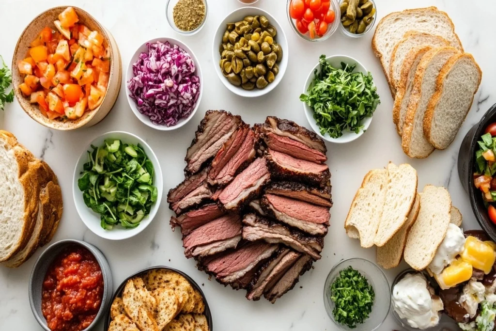 Brisket sandwich ingredients laid out on marble counter