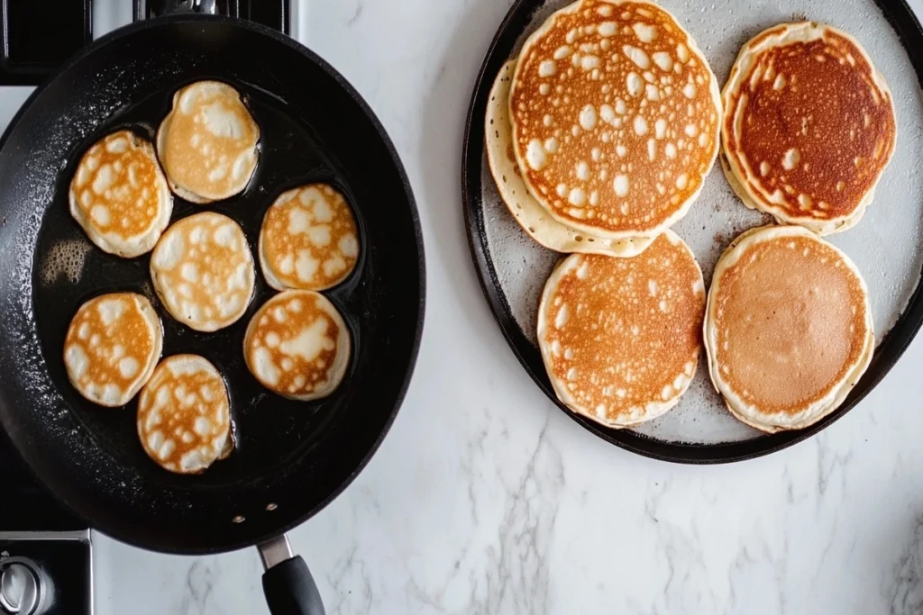 Are blinis the same as pancakes? A plate with golden-brown blinis and fluffy pancakes side by side, showcasing their distinct textures and toppings on a white marble kitchen counter.