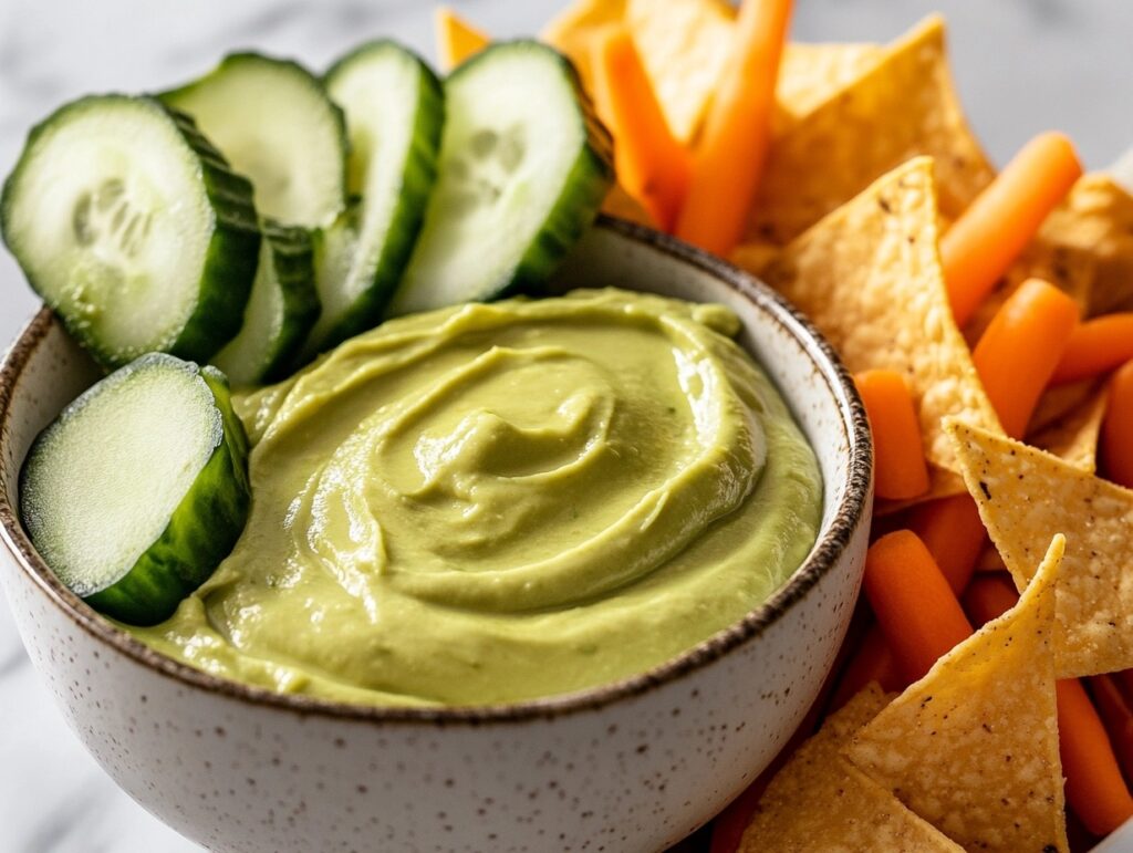 A bowl of avocado spread with crispy tortilla chips on a white marble kitchen counter.