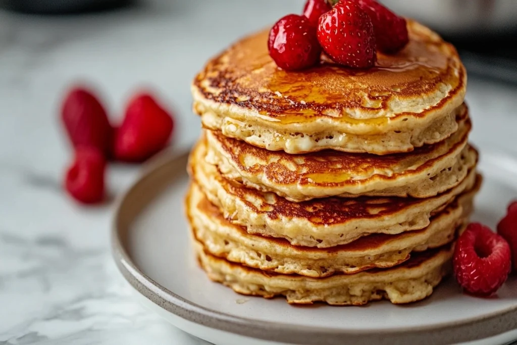 Egg and cottage cheese protein pancakes stacked on a white marble kitchen counter.