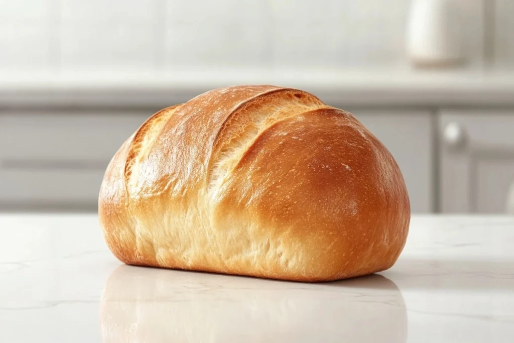 A freshly baked sourdough loaf cooling on a white marble kitchen counter.