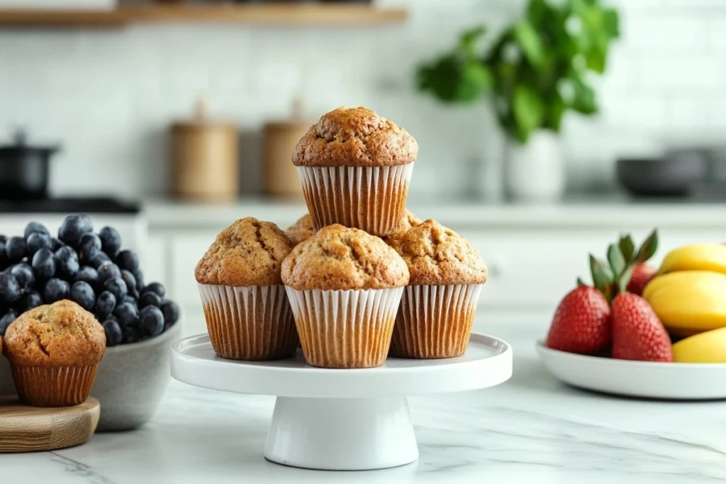 Healthy protein muffins served with fresh fruit on a white marble kitchen counter.