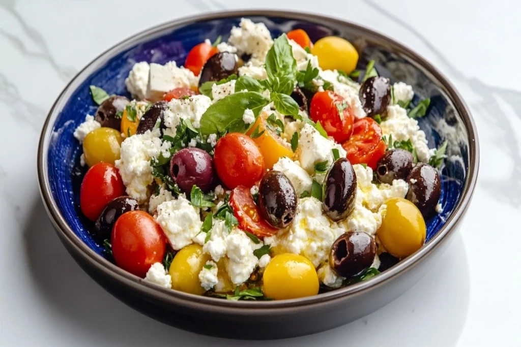 A Mediterranean-inspired cottage cheese salad with olives and tomatoes