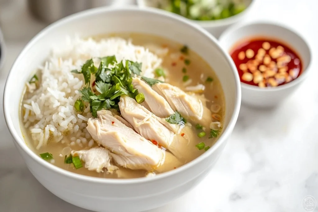 A bowl of lemongrass chicken soup with a side of jasmine rice and chili sauce on a white marble kitchen counter.