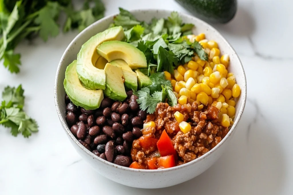 Spicy southwest burger bowl with black beans, corn, and avocado on a white marble counter.