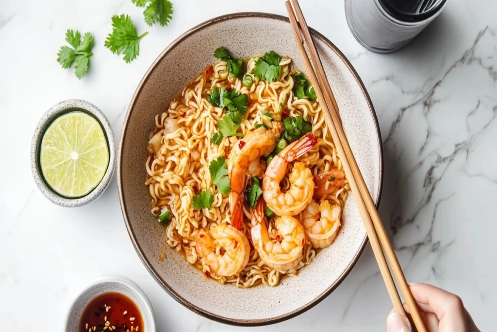 A bowl of lime chili shrimp ramen served with a side sauce and beverage.