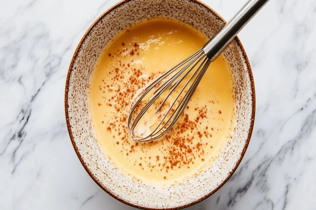 A bowl of creamy custard mixture with a whisk, ready for dipping sourdough slices.