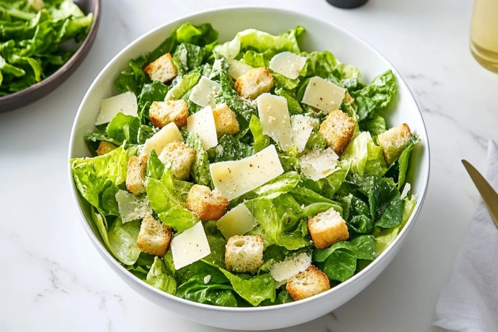 A bowl of romaine lettuce, croutons, and parmesan being mixed with Caesar dressing.