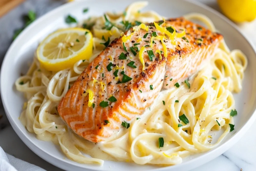 A bright and fresh Lemon Garlic Salmon Alfredo dish garnished with lemon zest.