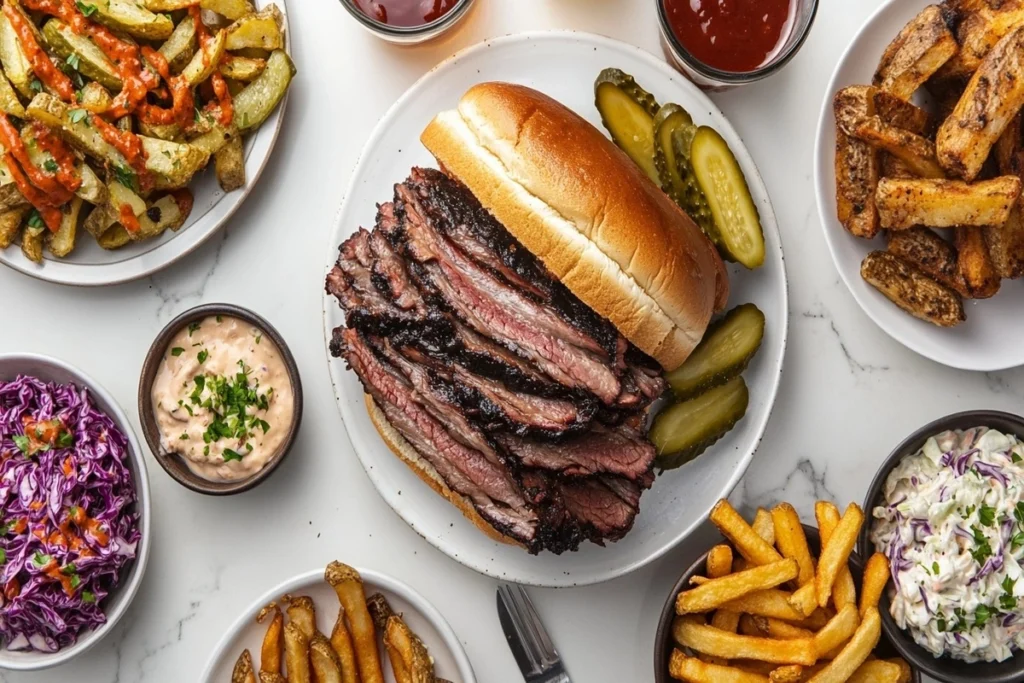 Brisket sandwich served with sides on marble counter