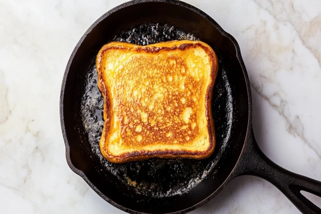 A slice of sourdough French toast sizzling in a buttered skillet.