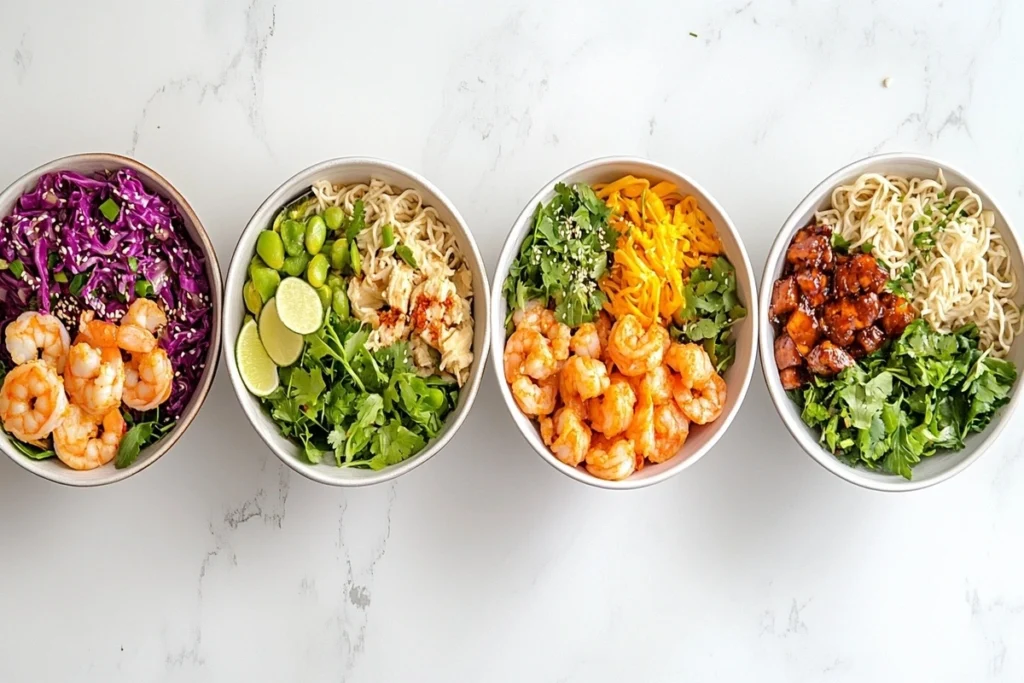 Different variations of lime chili shrimp ramen, each with unique flavors.