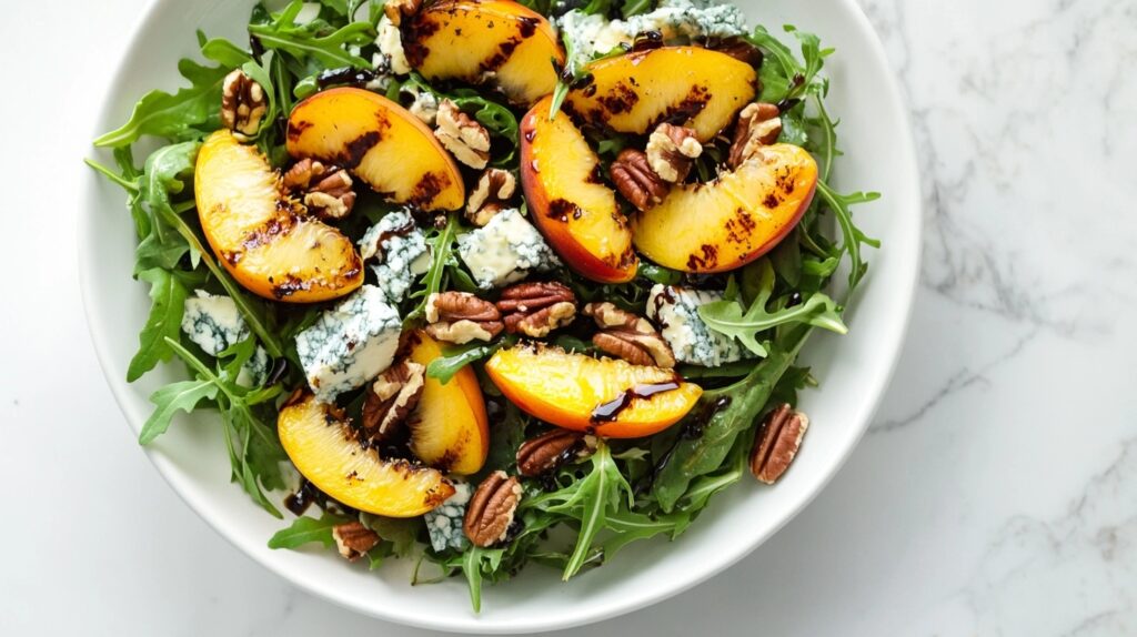 A grilled peach salad with arugula, pecans, and blue cheese on a white marble counter