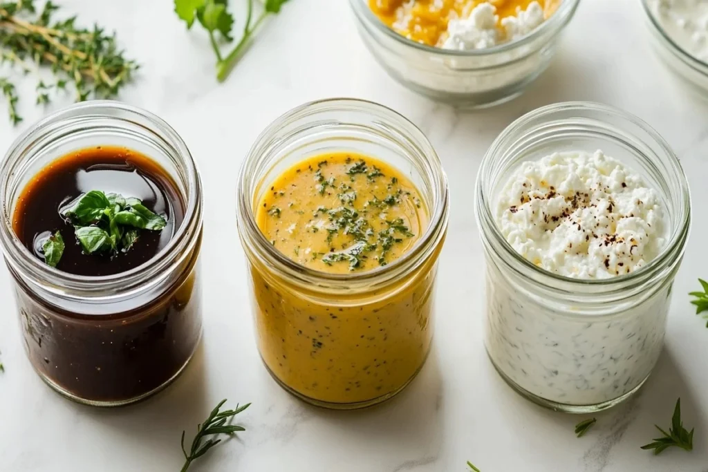 Three different homemade salad dressings in glass jars