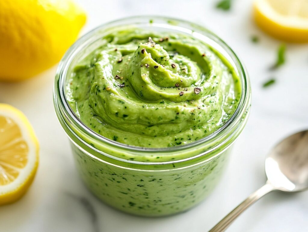 A small airtight container filled with avocado spread, sealed and placed on a white marble kitchen counter.