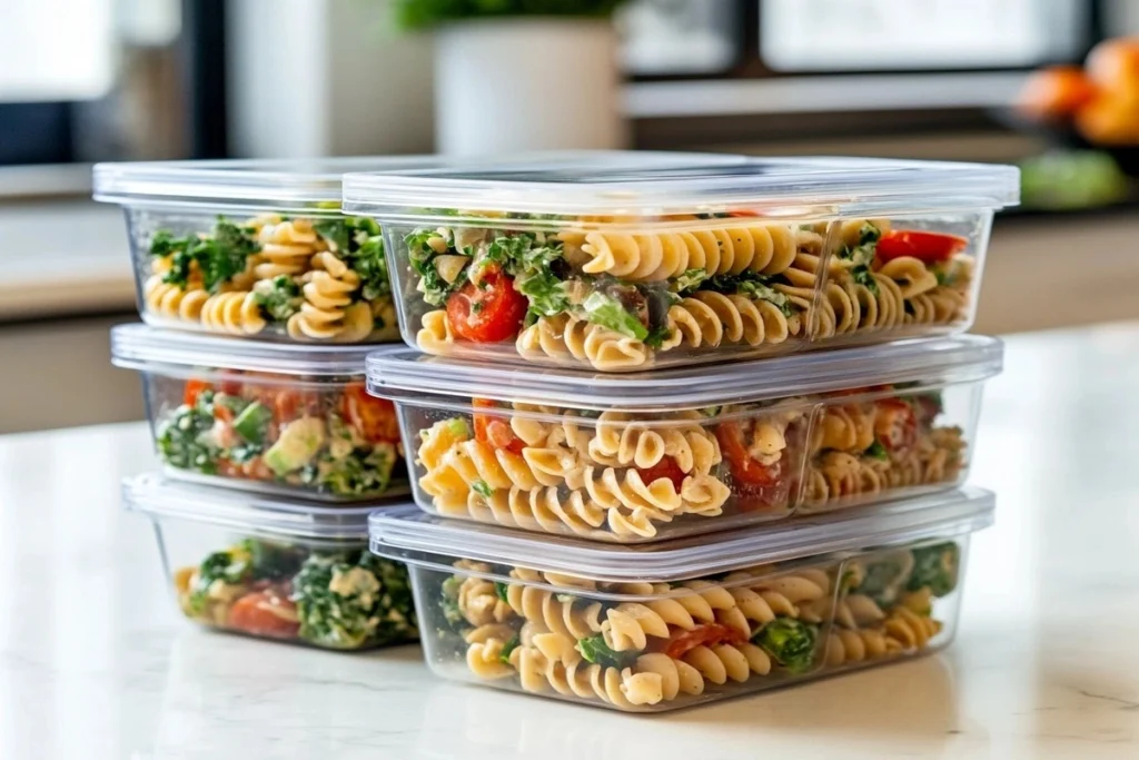 Prepped Caesar pasta salad in meal containers for easy storage.