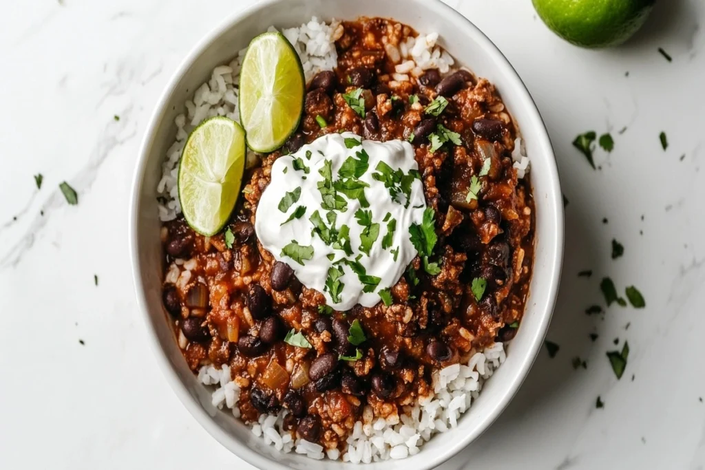 Mexican beef skillet with black beans, sour cream, and lime