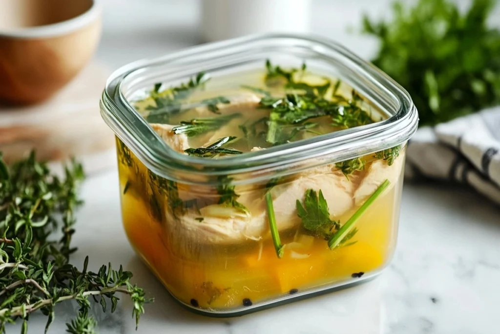 A sealed glass container of lemongrass chicken soup stored on a white marble kitchen counter.