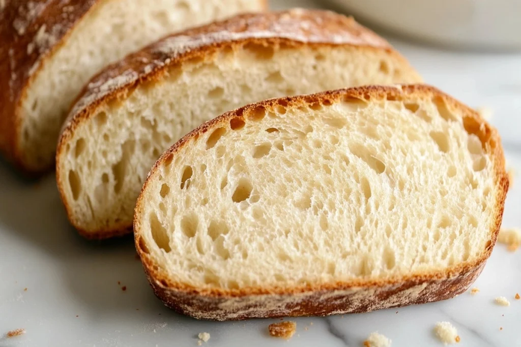 A sliced sourdough loaf revealing the open crumb on a white marble kitchen counter.