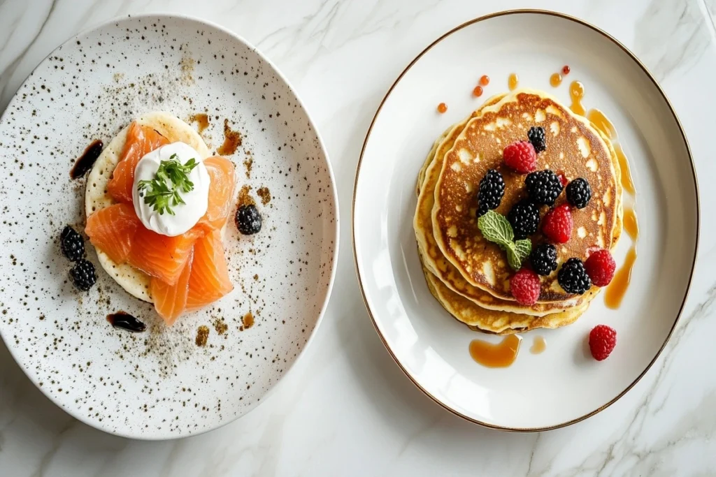 A plate of savory blinis next to a plate of sweet pancakes, both beautifully garnished.