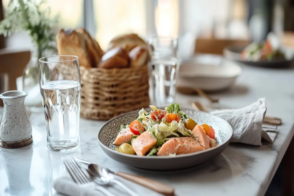 A plated salmon Caesar salad with a glass of white wine and bread basket.