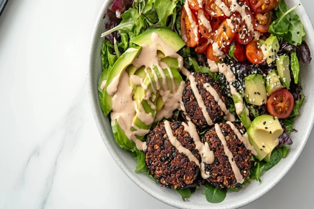 Vegan burger bowl with black bean patty, avocado, and tahini dressing on a white marble counter.