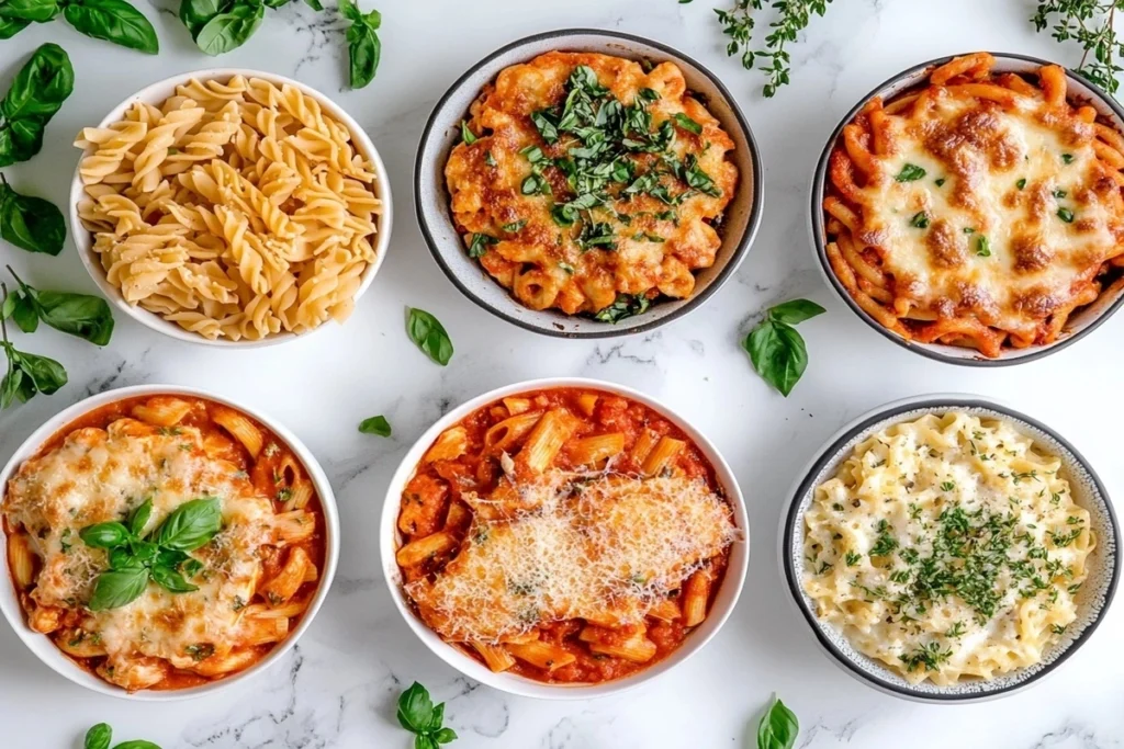 A variety of Chicken Parmesan pasta dishes, including spicy, creamy, and baked versions.