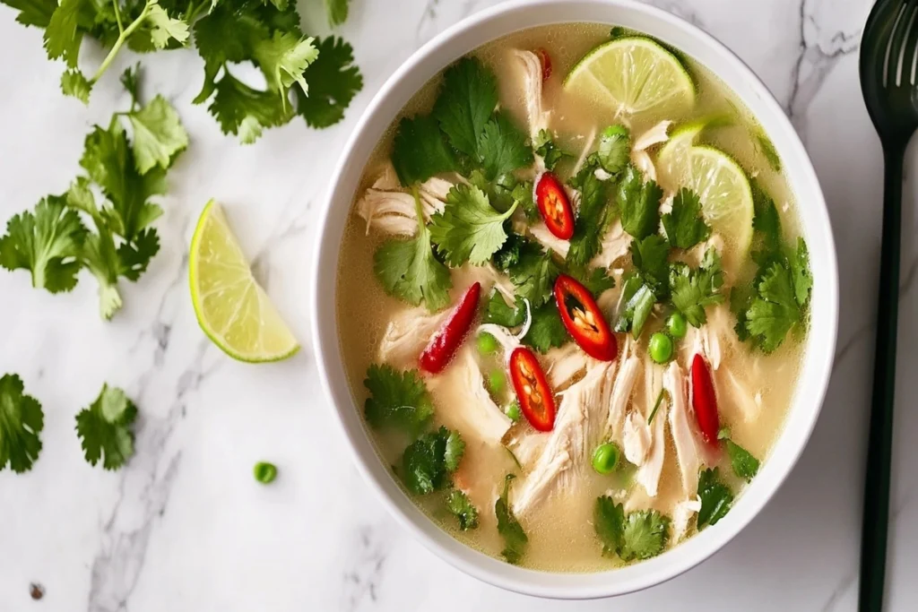 A bowl of perfectly garnished lemongrass chicken soup on a white marble kitchen counter.