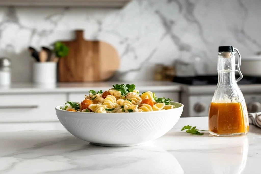 A soggy Caesar pasta salad with excessive dressing in a bowl.