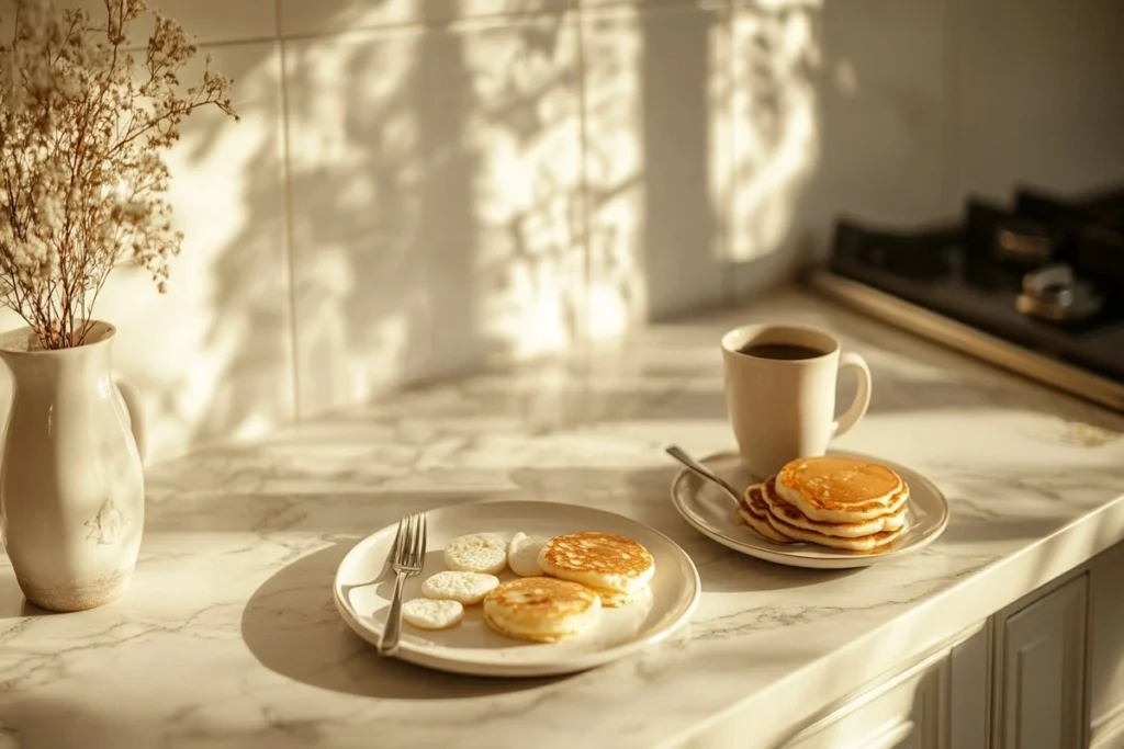 A breakfast table with blinis, pancakes, and coffee on a marble counter.