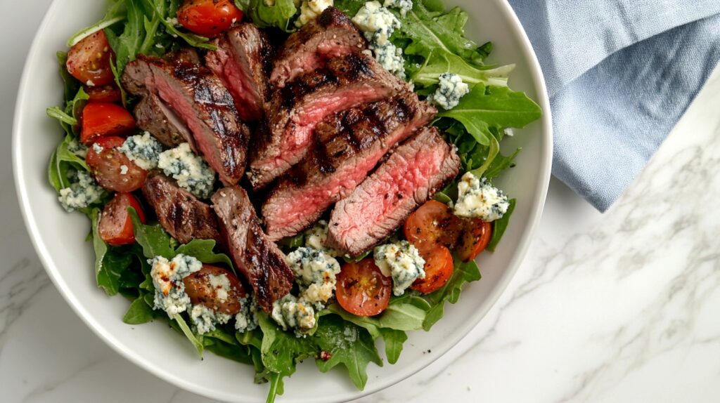 blue cheese salad with grilled steak and fresh greens on a white marble counter