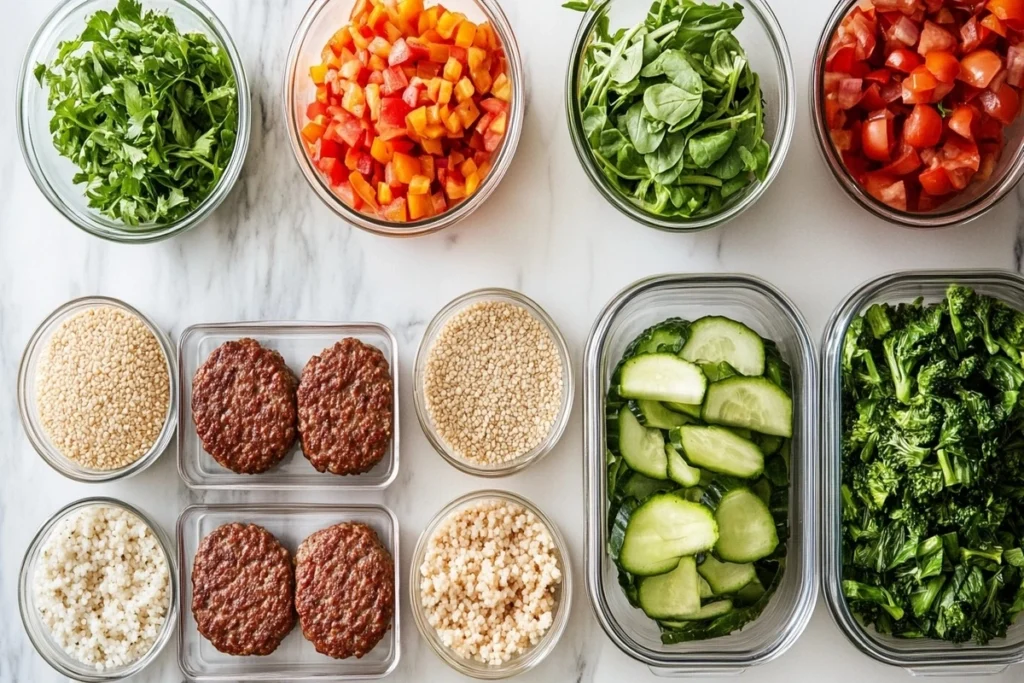 Burger bowl ingredients neatly prepped and stored on a white marble counter.