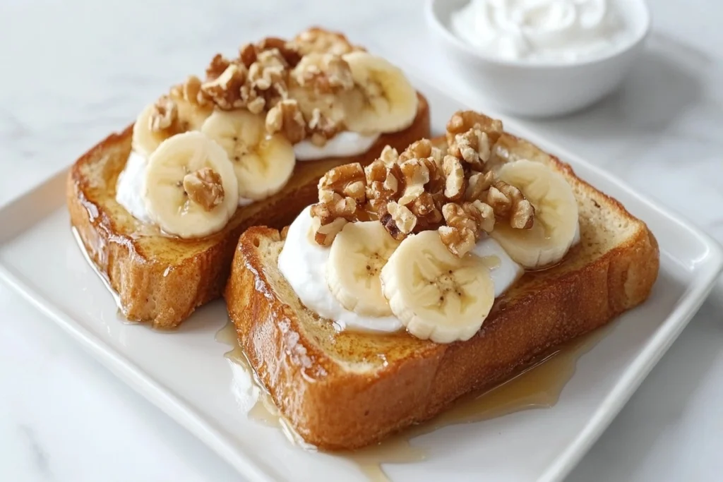 A plate of sourdough French toast with honey, bananas, and walnuts, alongside Greek yogurt.