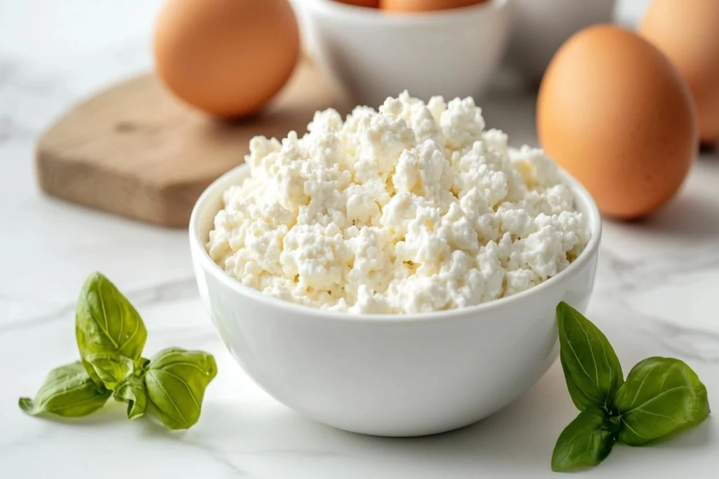 Cottage cheese and eggs for muscle recovery on a white marble kitchen counter.