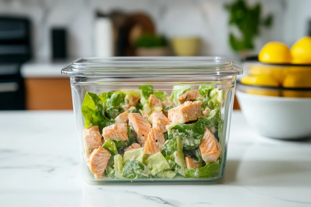 A sealed glass container with leftover salmon Caesar salad.