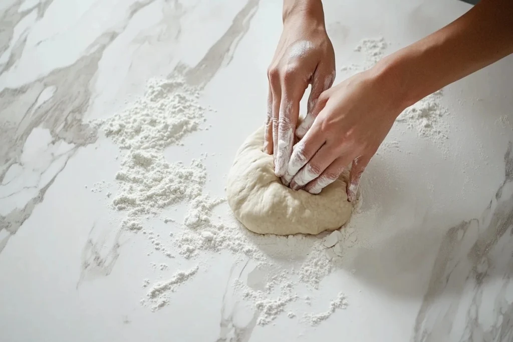 A baker's hands kneading sourdough dough on a white marble kitchen counter.