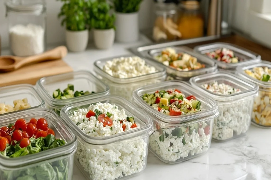 Meal prep containers filled with cottage cheese salads