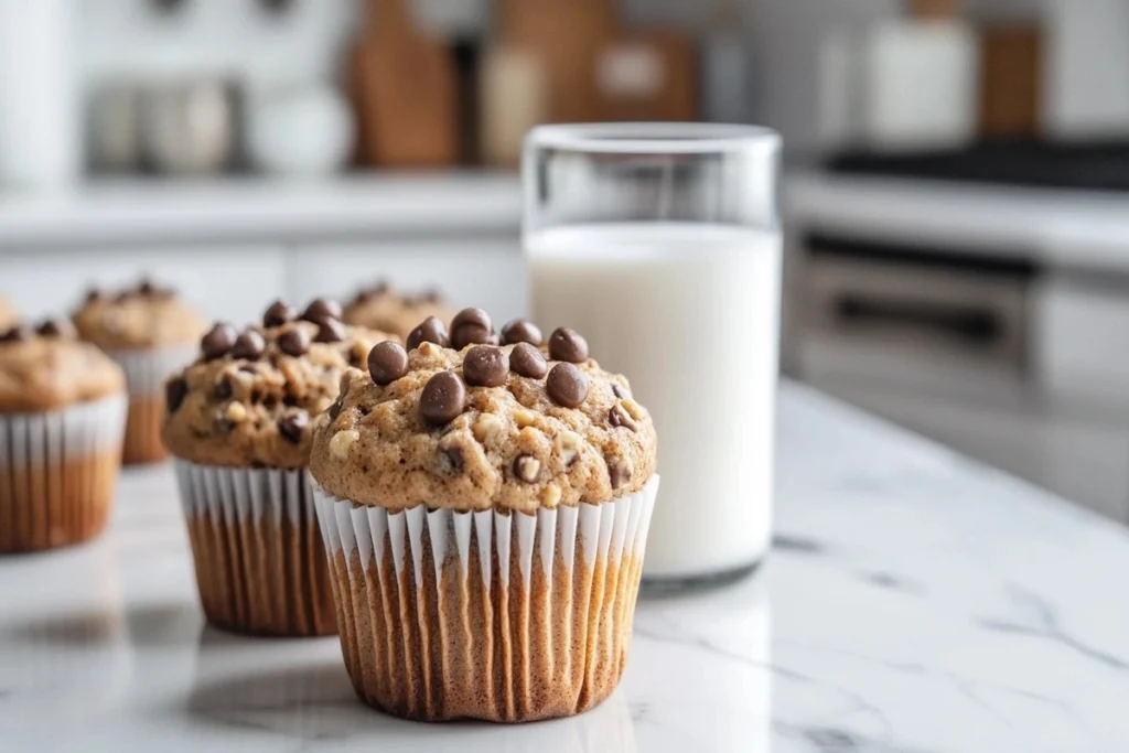 Protein muffins with a glass of milk on a white marble kitchen counter.