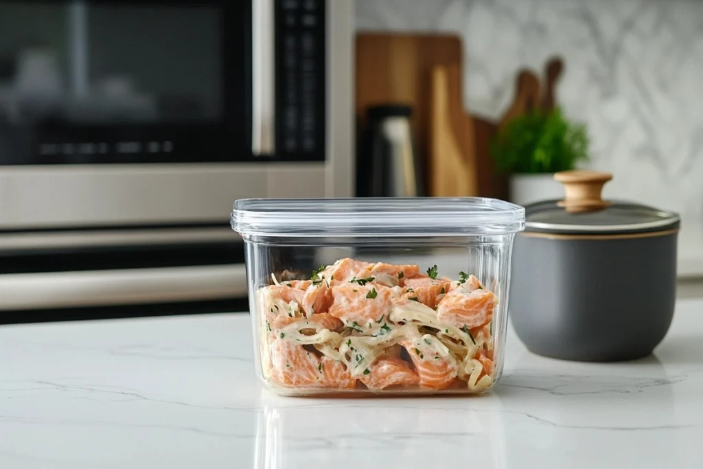 A meal prep container with leftover Salmon Alfredo, ready for storage.