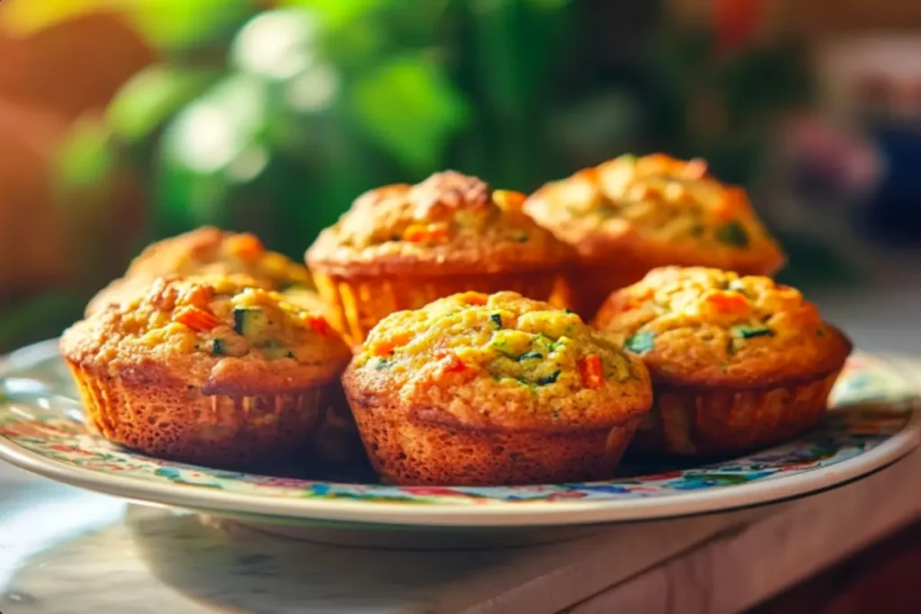 A beautifully arranged plate of freshly baked zucchini carrot muffins.