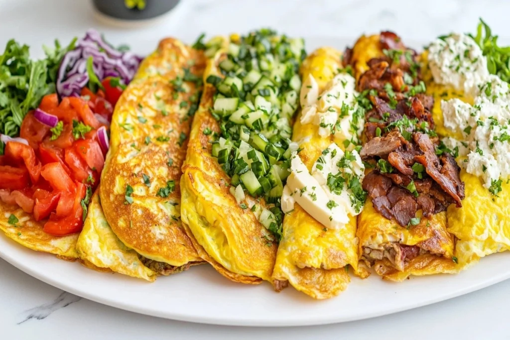 Seven different gyro omelettes side-by-side on marble counter