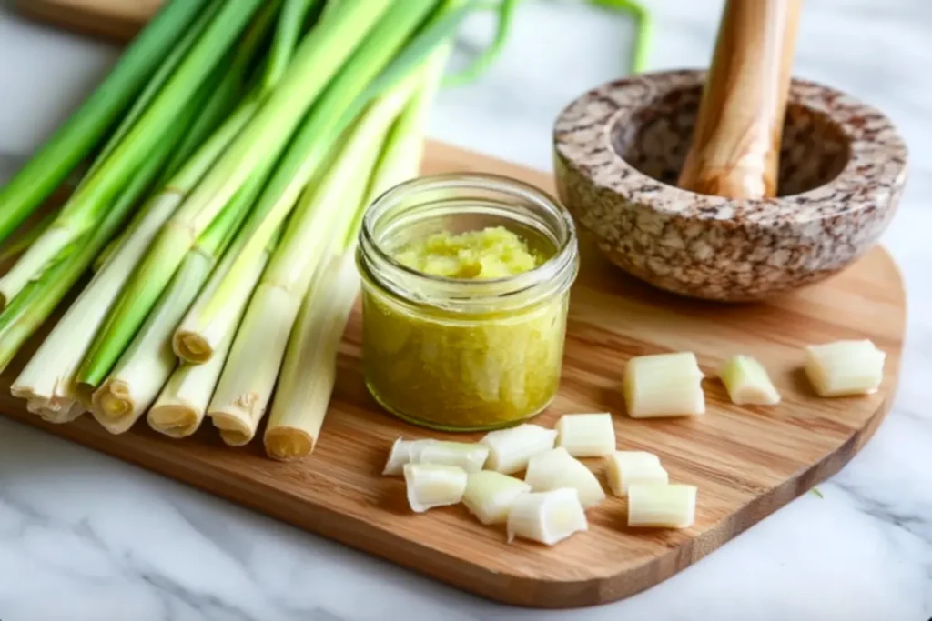 A jar of lemongrass paste with fresh stalks on a cutting board.