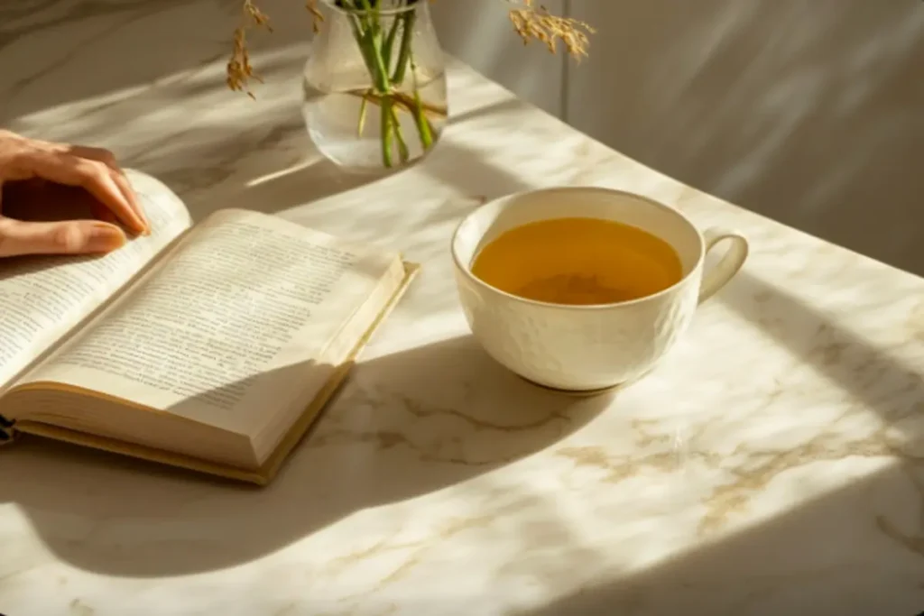 A person holding a cup of lemongrass tea, relaxing with a book in a cozy setting.